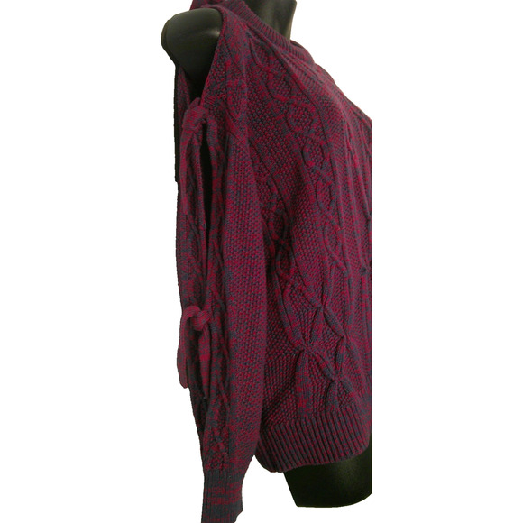 Project Naadam Women's Medium Cold Shoulder Knit Woven Sweater with Tie Sleeves - Picture 2 of 9